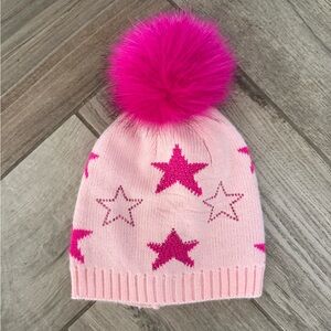 Pink Knit Beanie with Hot Pink Star Accents & Pom Pom